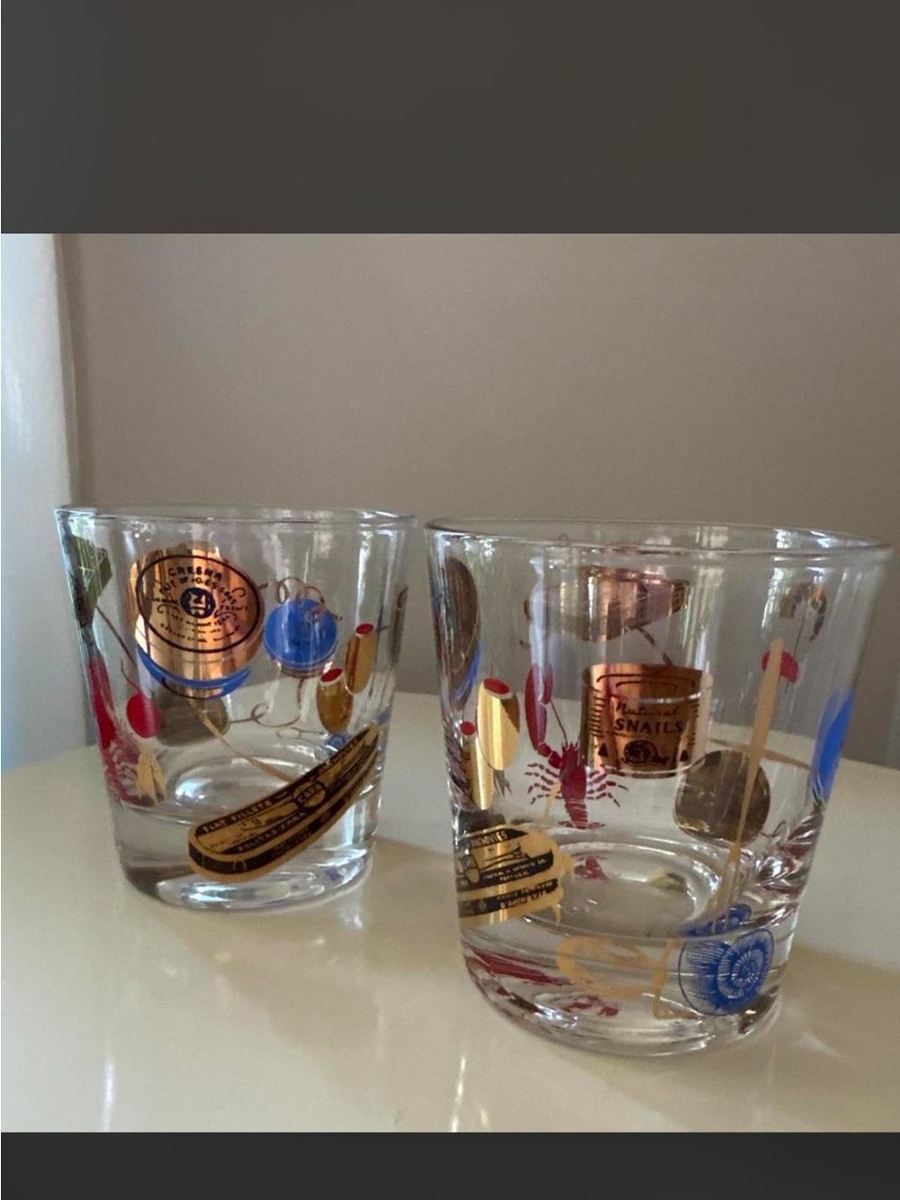 vintage mcm tinned fish themed cocktail glasses